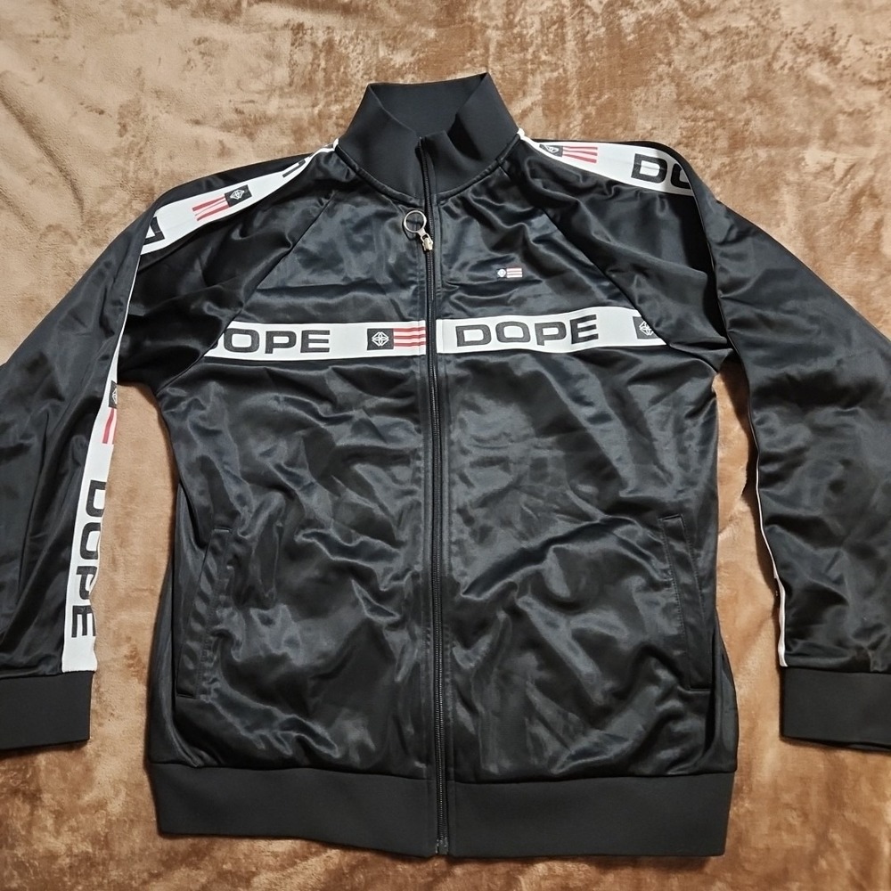 Dope Track Jacket  XL Black Full Zip  Logo Tape Polyester Fleece Lined